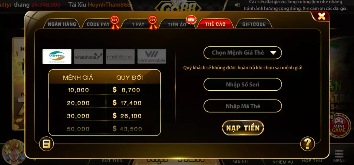 Go 88 Live với đa dạng hình thức nạp tiền cho game thủ