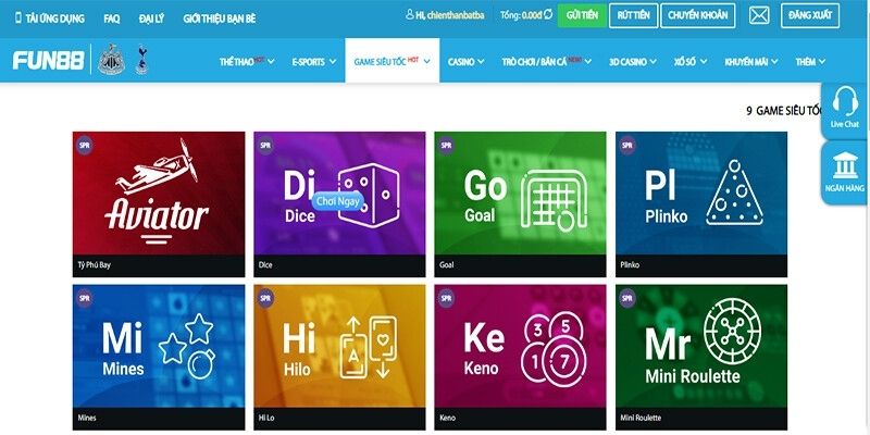 Giới thiệu về sảnh game siêu tốc tại FUN88