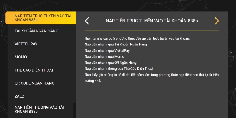 Các phương thức nạp tiền 888b được cung cấp 