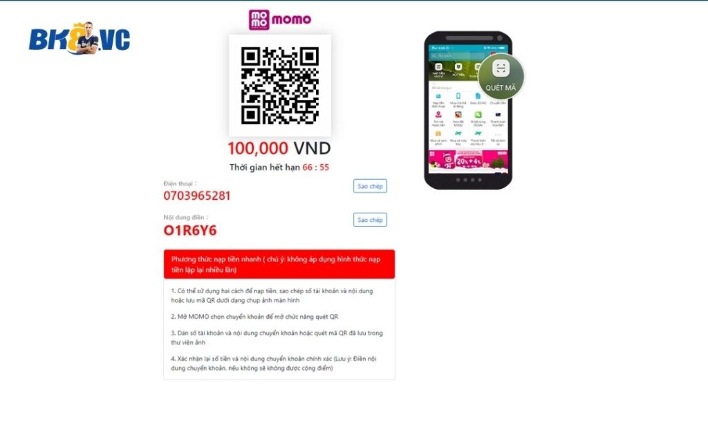 gửi tiền Momo BK8