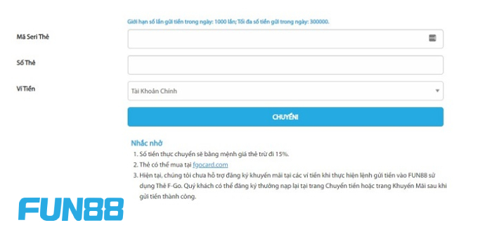 Hướng dẫn nạp tiền Fun88 qua thẻ Cash hay thẻ F-GO
