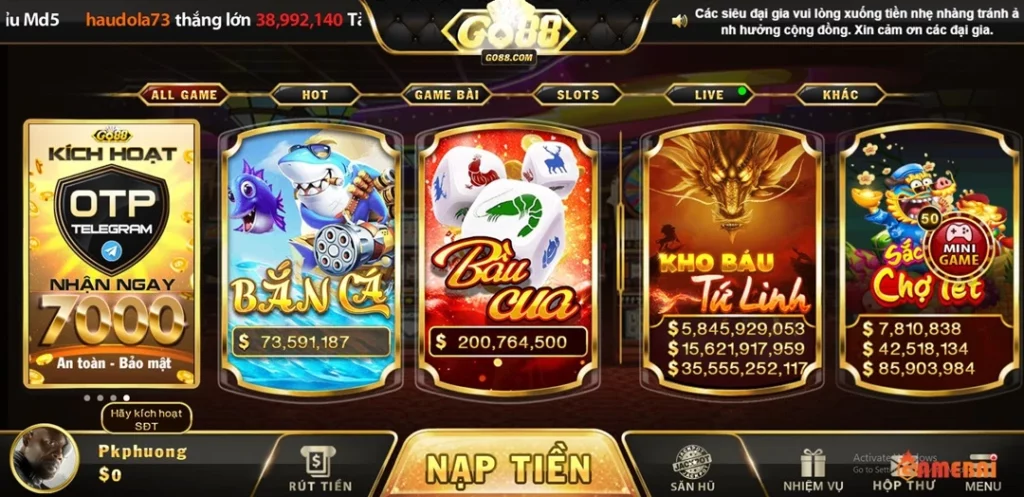 Đa dạng game đổi thưởng tại Go88