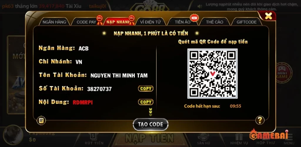 Quy trình nạp tiền Go88 rất dễ dàng