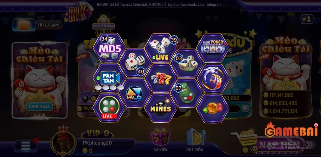 Chọn trò chơi game bài đổi thưởng quen thuộc của mình tại Rikvip
