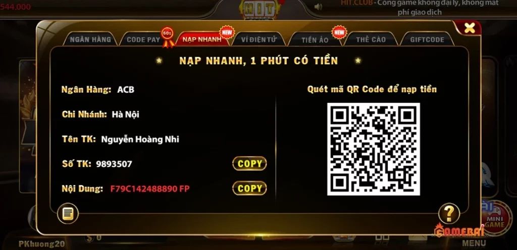 Quy trình nạp tiền vào tài khoản Hitclub rất nhanh chóng