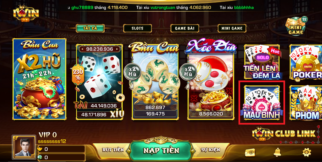Giao diện đẹp mắt khi tham gia chơi mậu binh tại iWin