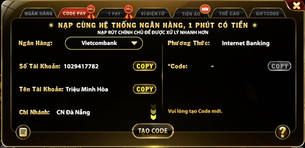 Nạp tiền codepay tại Hitclub