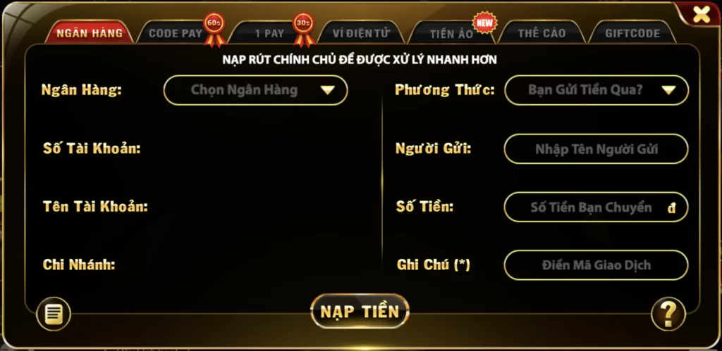 Nạp tiền ngân hàng đơn giản tại Hit Club