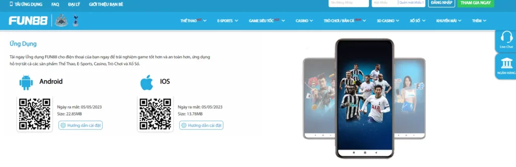 Nhà cái uy tín Fun88 có cả app mobile cho Android và iOS