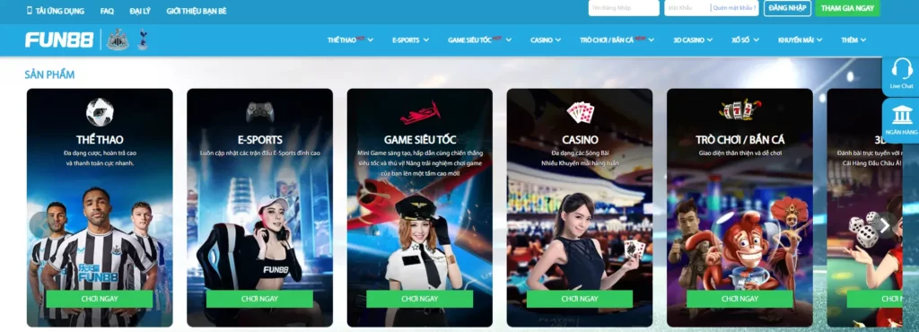Kho game cá cược tại nhà cái Fun88 cực kỳ phong phú