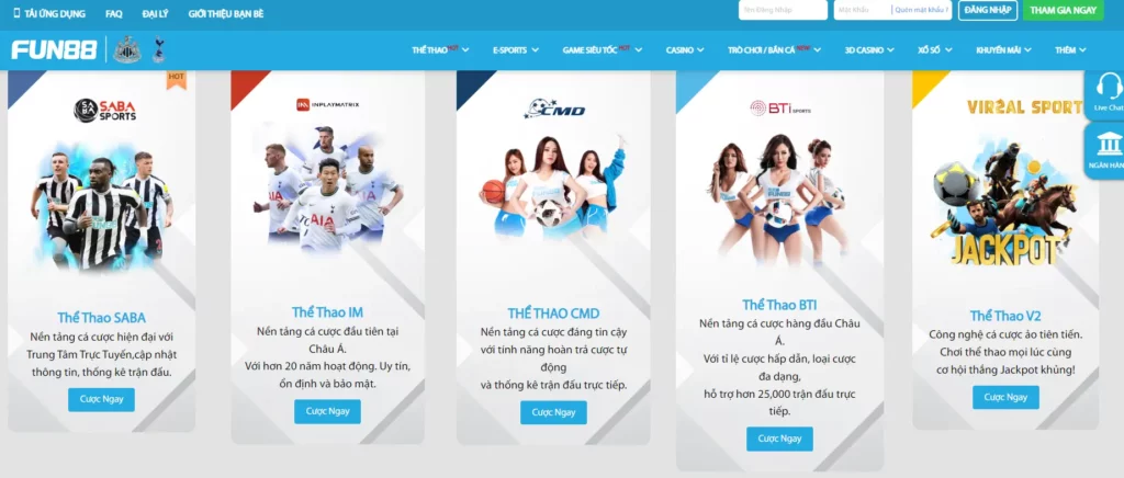 Các sảnh cá cược thể thao đẳng cấp tại nhà cái Fun88