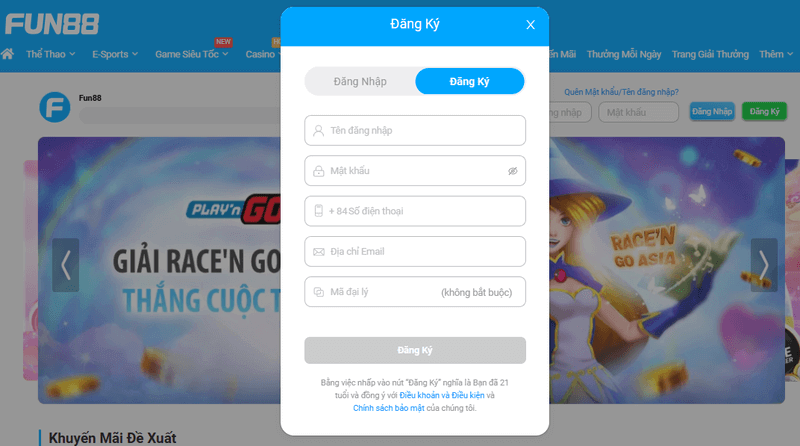 giao diện đăng ký tài khoản fun88