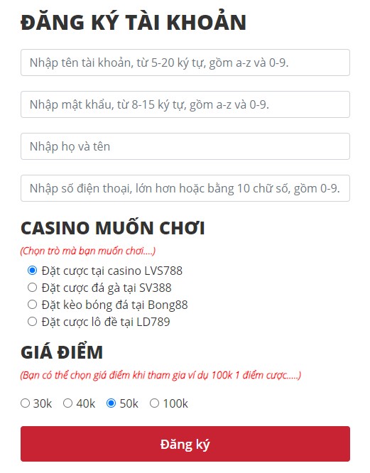 Đăng ký tài khoản thành viên LVS788