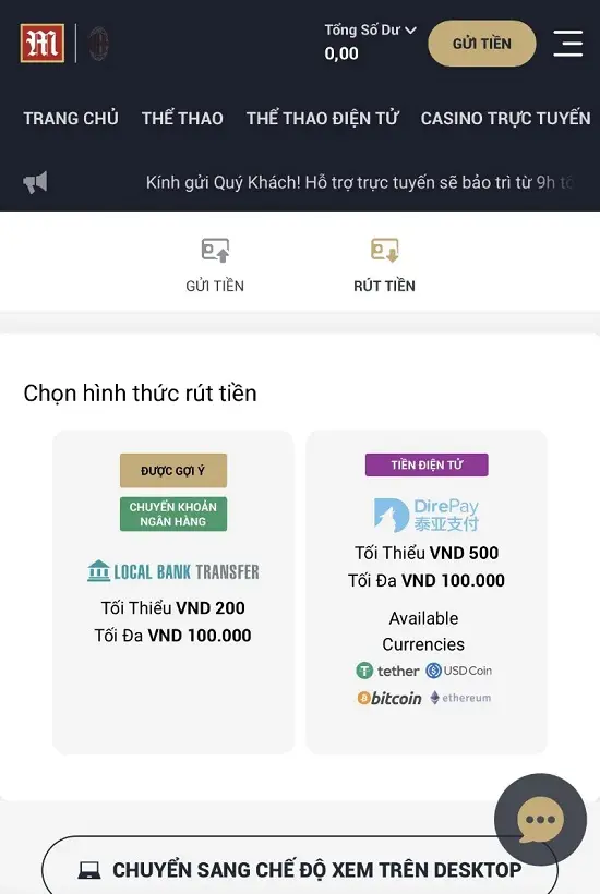 chọn rút tiền M88