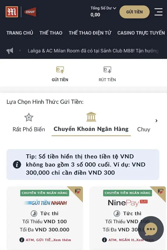 chuyển khoản ngân hàng M88