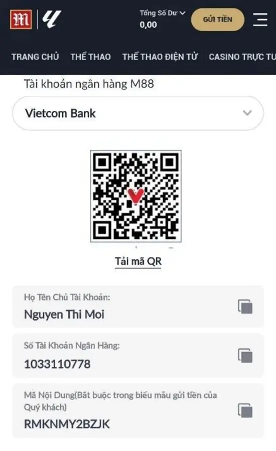 thông tin để nạp tiền M88