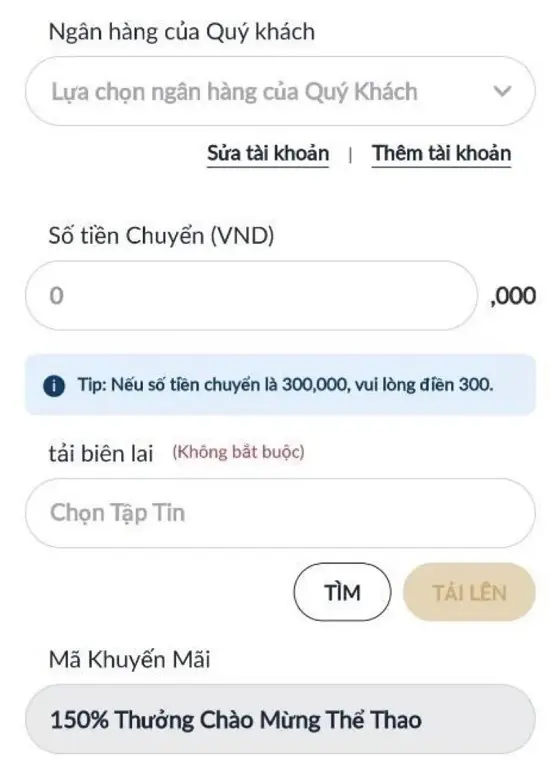 cung cấp thông tin thực hiện gửi tiền M88