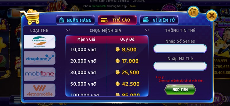 Không có tài khoản ngân hàng người chơi có thể đổi thẻ cào di động