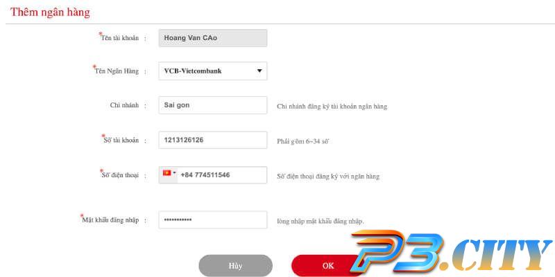 Gửi tiền vào tài khoản P3