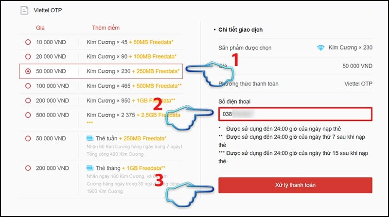 Bạn chọn mệnh giá và nhập Số điện thoại đúng