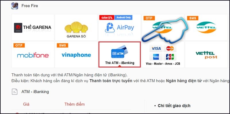 Chọn hình thức thanh toán nạp thẻ qua ATM - iBanking.