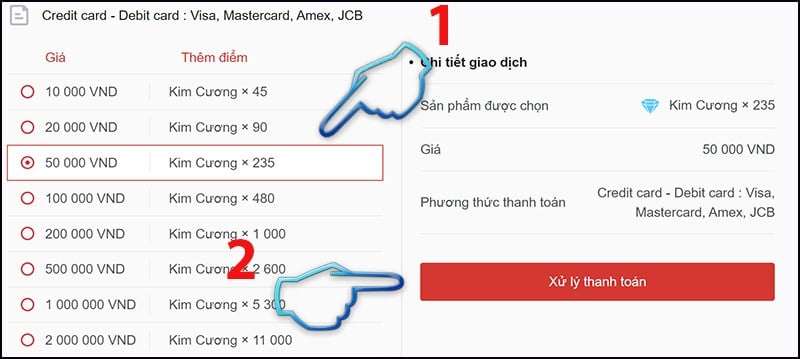Chọn mệnh giá cần nạp và bấm chọn Xử lý thanh toán.
