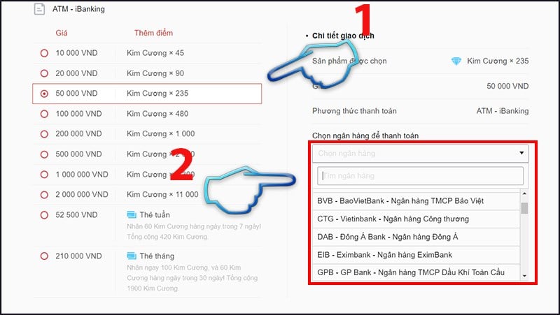 Chọn mệnh giá cần nạp vào game