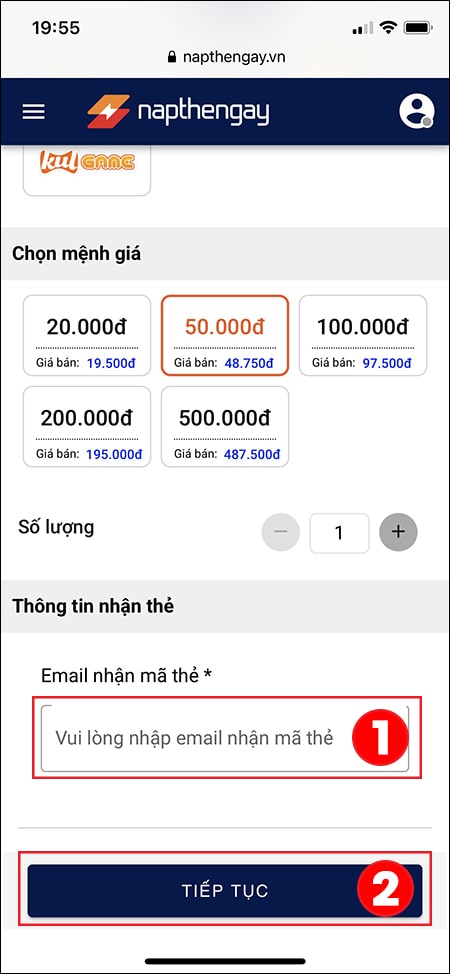Nhập email nhận mã thẻ và chọn Tiếp tục Cách Mua Thẻ Garena Tại Nhà