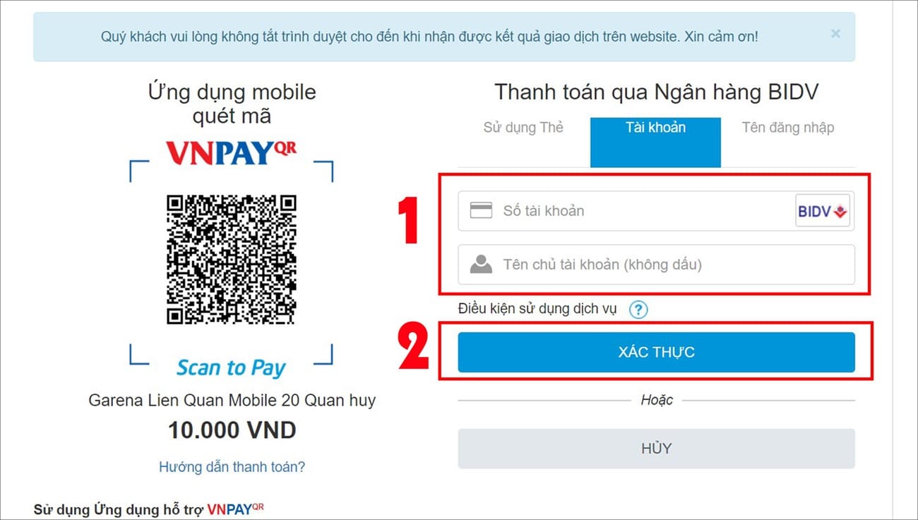 Nhập thông tin thẻ > Chọn Xác thực Nhập thông tin thẻ và chọn Xác thực.