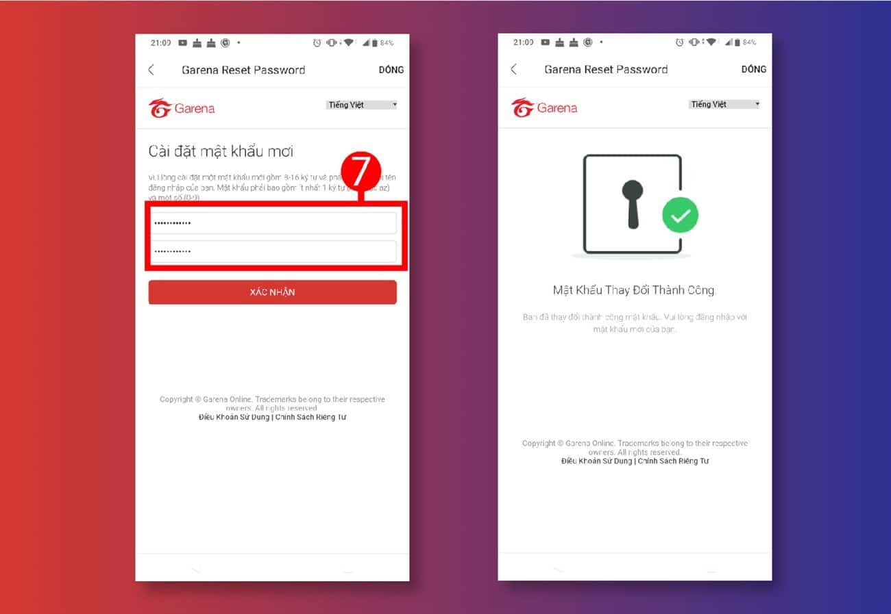 Đổi mật khẩu mới và xác nhận Quên Tên Đăng Nhập Garena