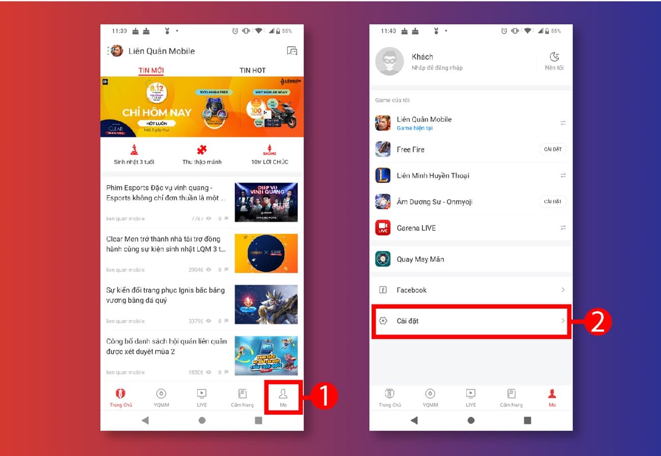 Nhấp vào tab Me và mục Cài đặt Quên Tên Đăng Nhập Garena