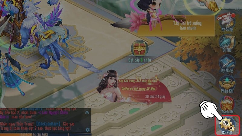Chọn Cài đặt Bạn vào game Nghịch Thiên Kiếm Thế và chọn Cài đặt