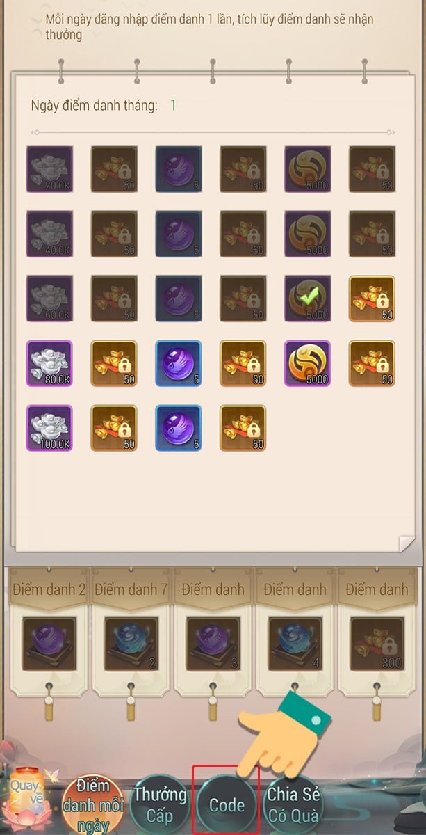 Chọn vào code Chọn Code Yong Heroes phía góc dưới màn hình.