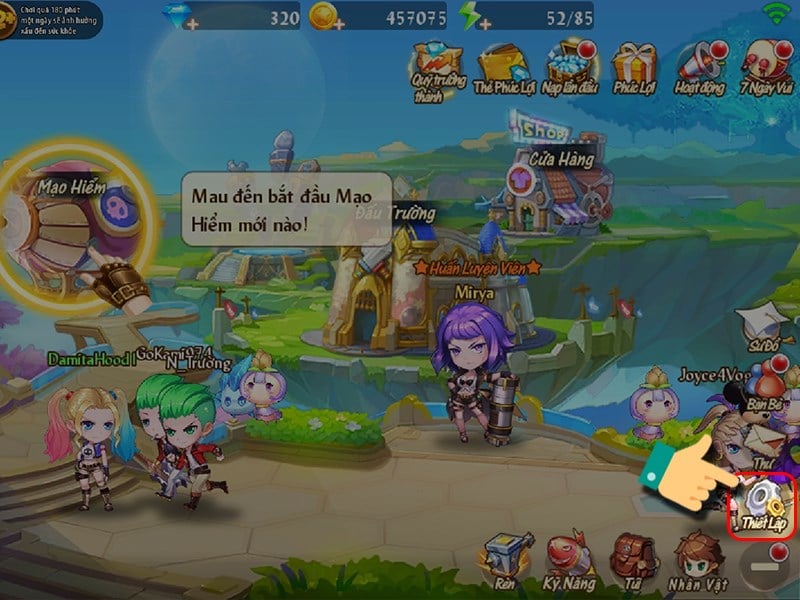 Chọn Thiết lập Chọn mục Thiết lập trong game.