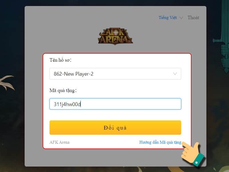 Nhập code bạn có Code AFK Arena