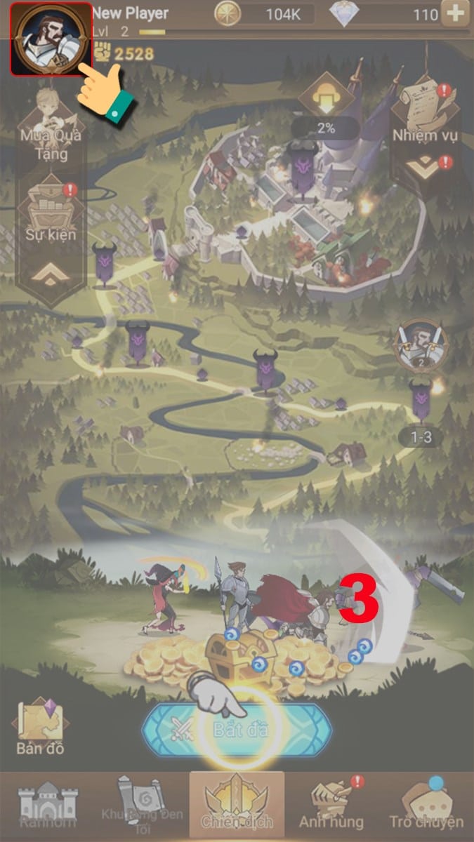 Nhấn vào Avatar nhân vật Mở game AFK Arena trên điện thoại và nhấn vào Avatar nhân vật.