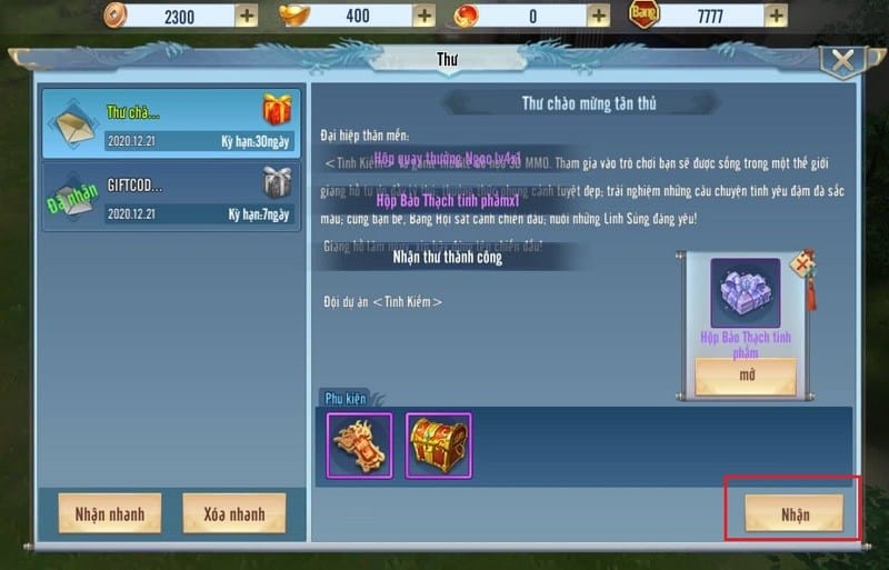 Mở game trên điện thoại và chọn mục Nhận