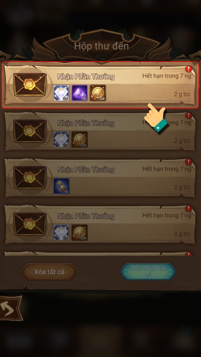 Nhấn vào thư phần thưởng Code AFK Arena