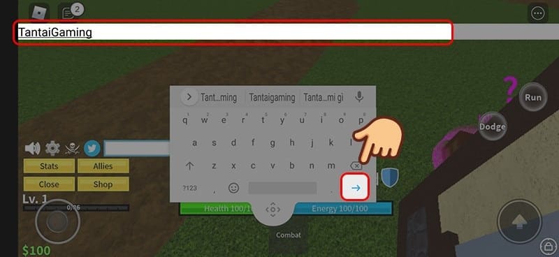 Nhập mã code sau đó bấm vào mũi tên xanh