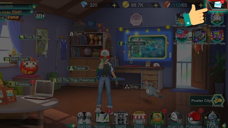 Vào thư Quay ra màn hình giao diện game bạn nhấn vào biểu tượng Thư.