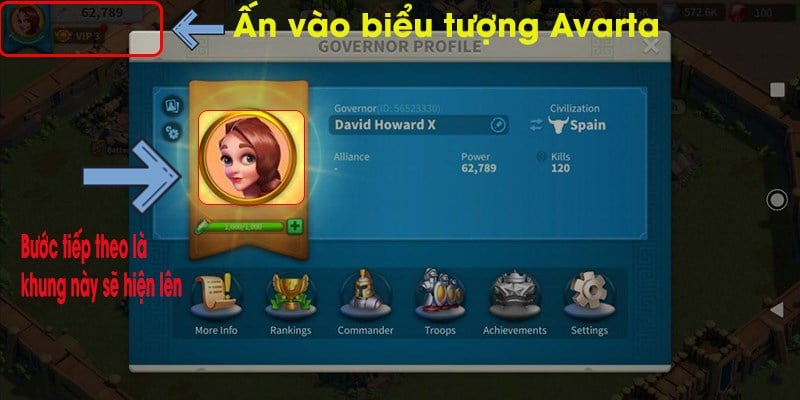 Bước 1 Tại giao diện chính Rise of Kingdoms, click biểu tượng Avarta nhân vật.