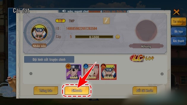 Nhấn chọn vào mục Giftcode ở cửa sổ Cài đặt.