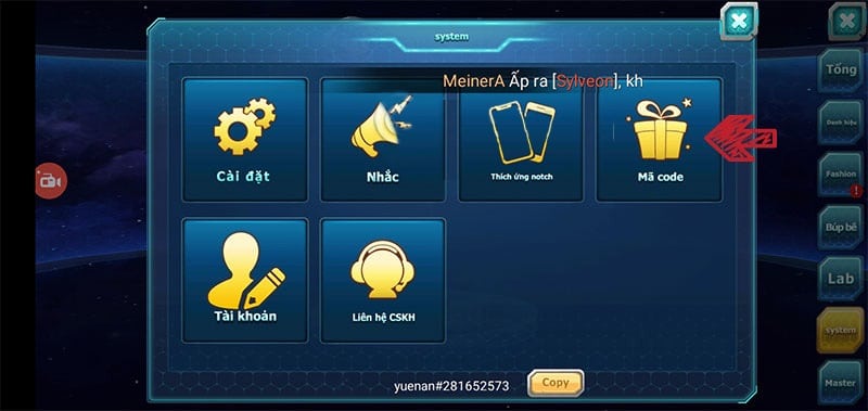 Nhấn chọn vào mục Mã Code có biểu tượng hình hộp quà.