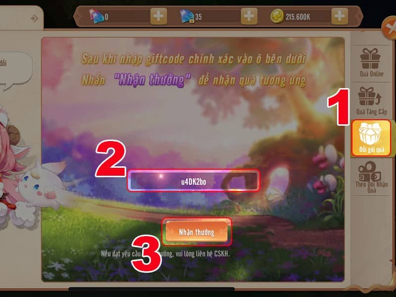 Nhập chính xác mã code của bạn sau đó nhấn Nhận Thưởng.