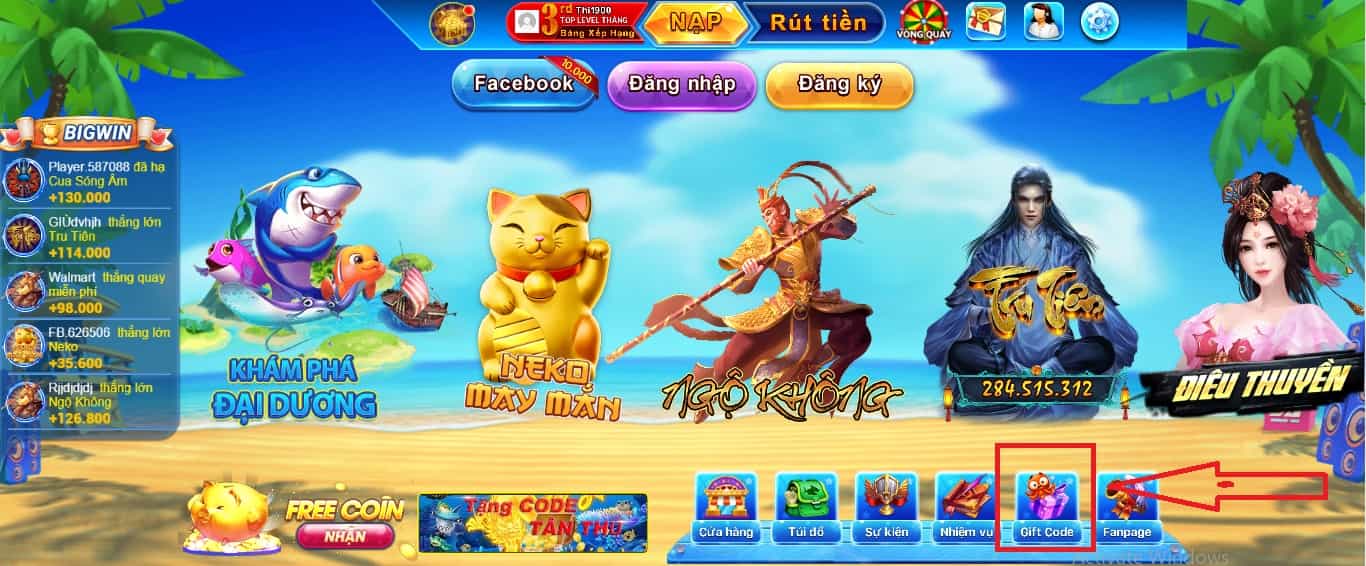 Chọn mục giftcode cá xèng