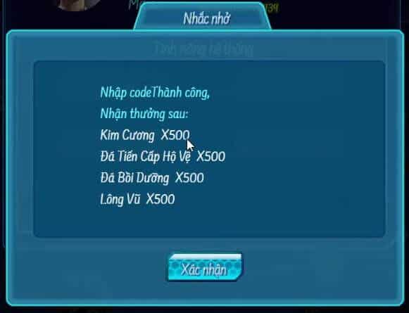 Màn hình sẽ hiển thị thông báo nhập code thành công với quà tặng tương ứng.