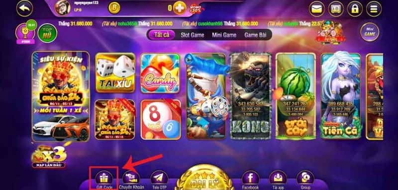 Nhấn chọn mục giftcode