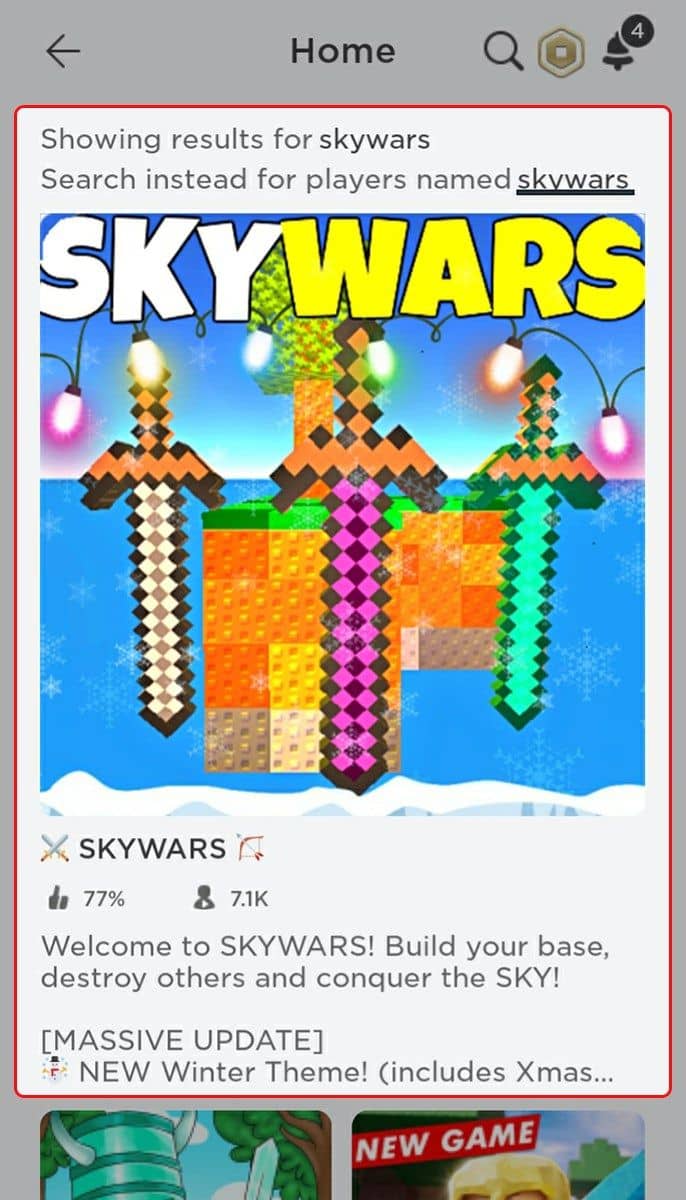Tìm và chọn biểu tượng Skywars để tải mode game.