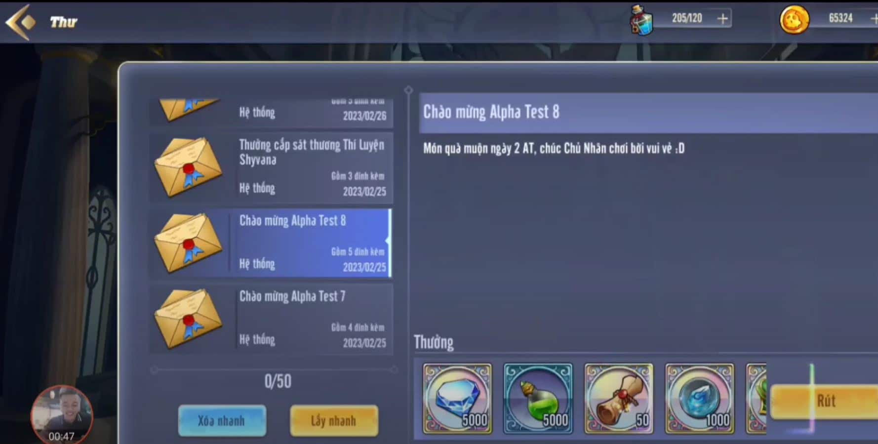 Vào Thư để xem phần thưởng được nhận.