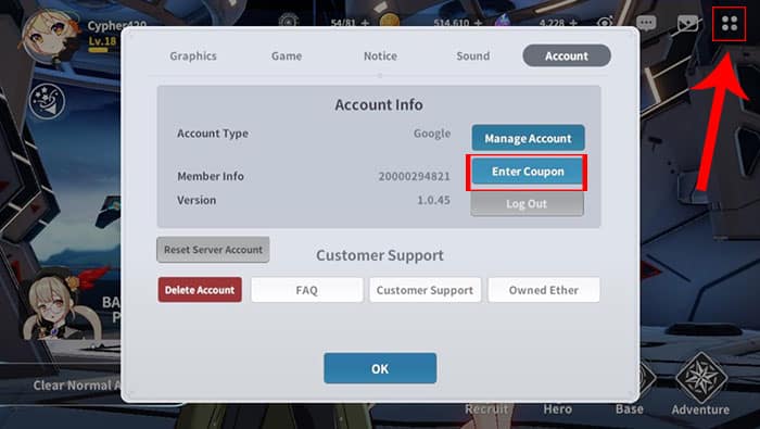 Chạm vào nút Settings, chọn Account và nhấn Enter Coupon.